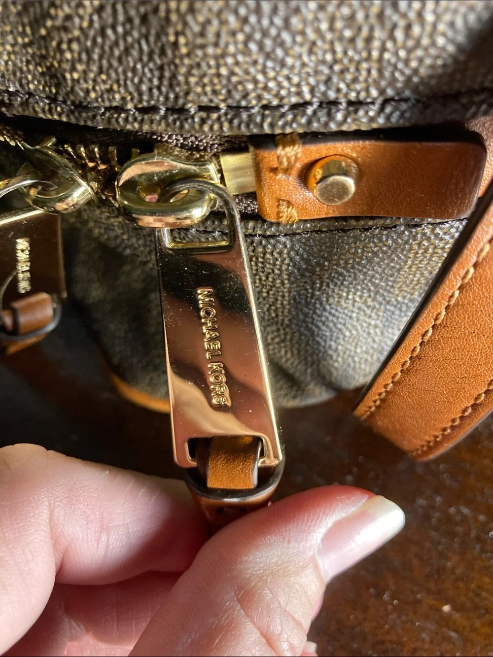 Michael Kors Brown Rhea MK Logo Backpack with Gold Hardware